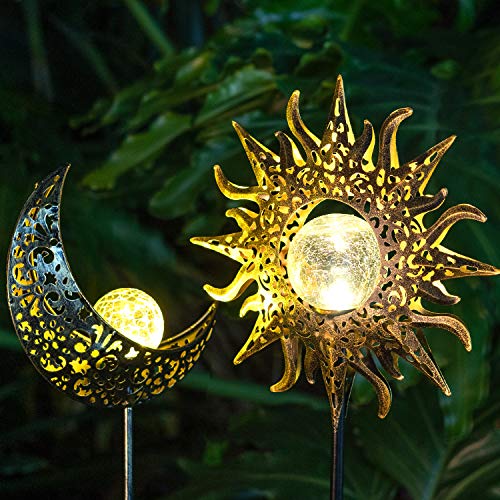 Amugmilk Solar Lights Outdoor Garden Decor Art,Waterproof Metal Sun Moon Decorative Stakes for Walkway,Yard,Lawn,Patio(2 Pack)