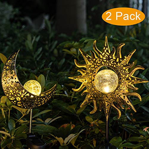 Amugmilk Solar Lights Outdoor Garden Decor Art,Waterproof Metal Sun Moon Decorative Stakes for Walkway,Yard,Lawn,Patio(2 Pack)