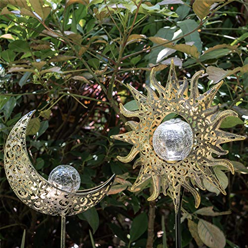 Amugmilk Solar Lights Outdoor Garden Decor Art,Waterproof Metal Sun Moon Decorative Stakes for Walkway,Yard,Lawn,Patio(2 Pack)