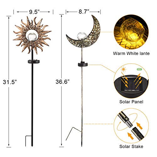 Amugmilk Solar Lights Outdoor Garden Decor Art,Waterproof Metal Sun Moon Decorative Stakes for Walkway,Yard,Lawn,Patio(2 Pack)