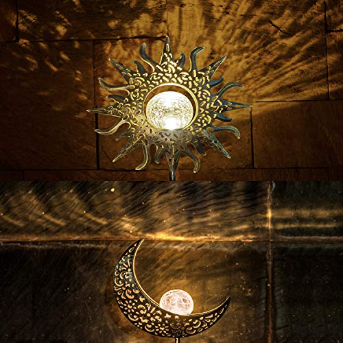 Amugmilk Solar Lights Outdoor Garden Decor Art,Waterproof Metal Sun Moon Decorative Stakes for Walkway,Yard,Lawn,Patio(2 Pack)