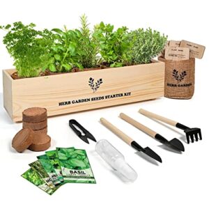 indoor herb grow kit, 5 herb seeds garden starter kit with complete planting kit & wooden flower box, growing into basil, parsley, rosemary, thyme, mint for kitchen windowsill herb garden diy