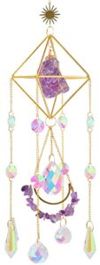 amethyst crystal suncatcher – hanging gold plated garden sun catcher for windows, healing amethyst crystal decor for home, gift for christmas birthday valentine mothers day