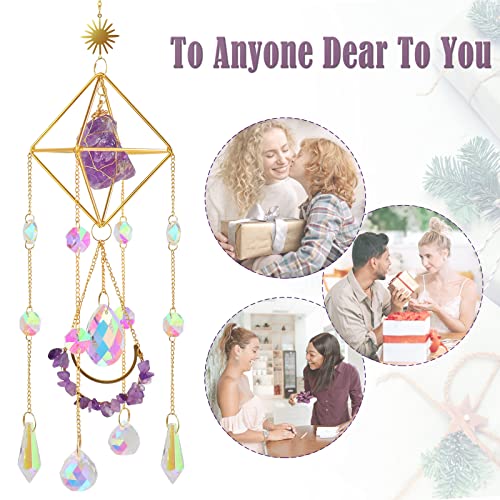 Amethyst Crystal Suncatcher - Hanging Gold Plated Garden Sun Catcher for Windows, Healing Amethyst Crystal Decor for Home, Gift for Christmas Birthday Valentine Mothers Day