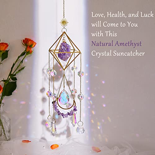 Amethyst Crystal Suncatcher - Hanging Gold Plated Garden Sun Catcher for Windows, Healing Amethyst Crystal Decor for Home, Gift for Christmas Birthday Valentine Mothers Day