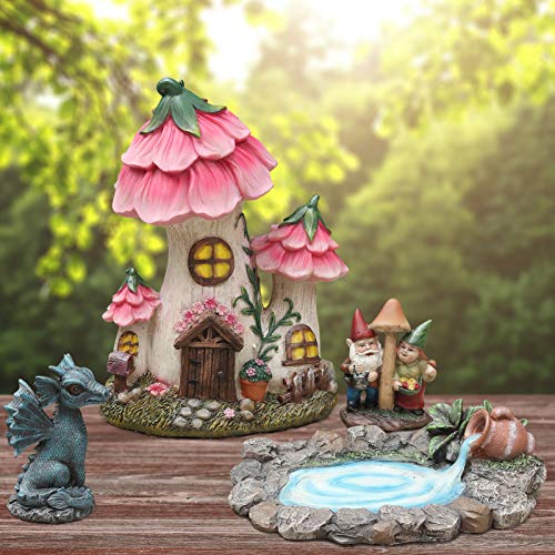 Aivanart Fairy Garden Decor Gnome House Kit, Sculptures Statues Dragon Elf Figurines Fountain Yard Decor Lawn Ornaments Outdoor Miniature Garden Accessories