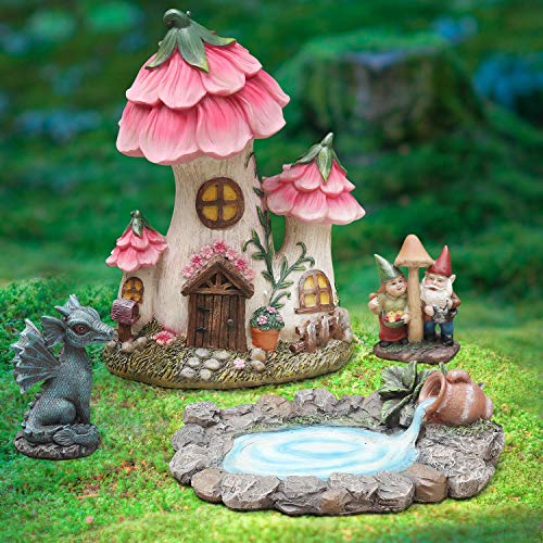 Aivanart Fairy Garden Decor Gnome House Kit, Sculptures Statues Dragon Elf Figurines Fountain Yard Decor Lawn Ornaments Outdoor Miniature Garden Accessories