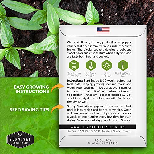 Survival Garden Seeds - Chocolate Beauty Pepper Seed for Planting - Packet with Instructions to Plant and Grow Beautiful Brown Bell Peppers in Your Home Vegetable Garden - Non-GMO Heirloom Variety