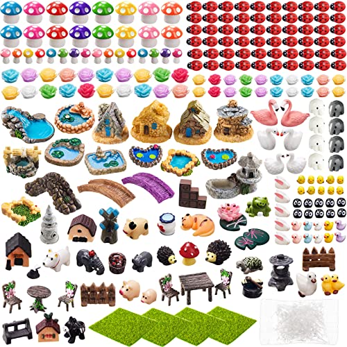 240 Pcs Miniature Fairy Garden Accessories, Including Animals, Mini Houses, Table and Chairs and Dollhouse Decoration, Miniature Figurines, Micro Landscape Ornaments, Garden DIY Kit, Birthday Gift