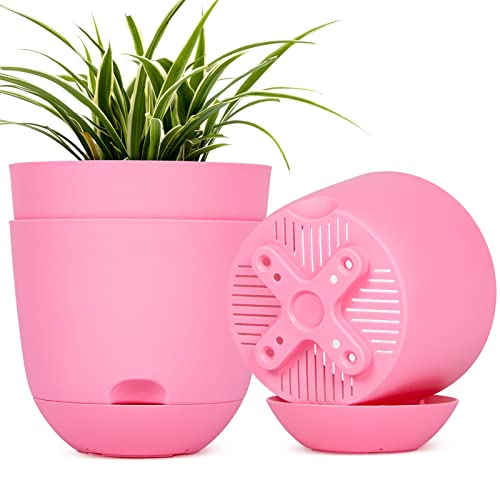 QCQHDU Plant Pots,3 Pack 8 inch Self Watering Planters High Drainage with Deep Saucer Reservoir for Indoor & Outdoor Garden Flowers Plant Pot-Pink…