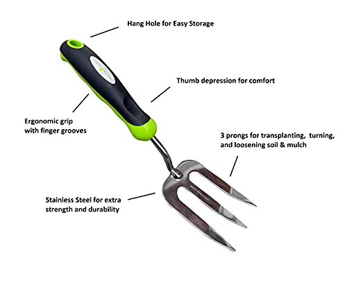 Garden Guru Stainless Steel Hand Weeder Fork Tool – Rust Resistant Stainless Steel – Ergonomic Handle – Great for Planting, Spreading Mulch, Weeding, Loosening & Transplanting Soil