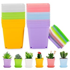 plant pots, 18pcs plastic plant pot, flower pots for indoor plants 2.75 in × 3.15 in, plant pots with drainage holes and saucers, 6 colors plastic planters for indoor plants, flowers, garden, outdoor
