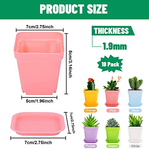 Plant Pots, 18Pcs Plastic Plant Pot, Flower Pots for Indoor Plants 2.75 in × 3.15 in, Plant Pots with Drainage Holes and Saucers, 6 Colors Plastic Planters for Indoor Plants, Flowers, Garden, Outdoor