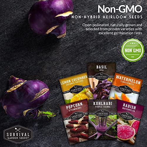 Survival Garden Seeds Exotic Vegetable Collection - Purple Vienna Kohlrabi, Lemon Cucumber, Watermelon Radishes, Opal Basil, Strawberry Popcorn, Tendersweet Orange Watermelon Non-GMO Heirloom Seeds