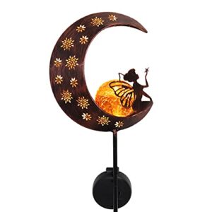 teresa’s collections yard art decorations outdoor moon backyard decor, 39 inch angel garden gifts decor for outside lawn ornaments fairy solar stake lights crackle glass globe patio landscape pathway