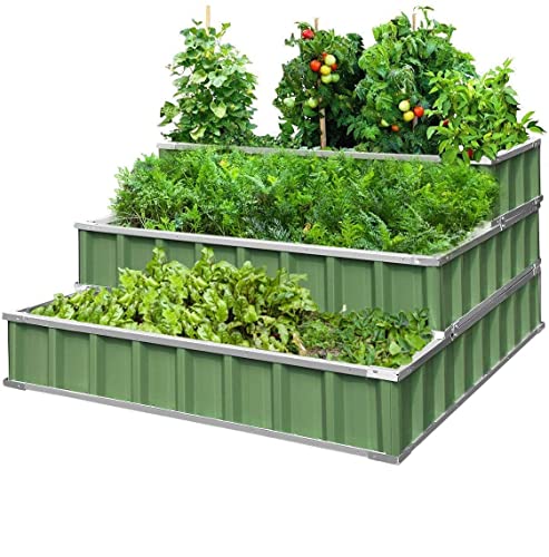 KING BIRD 3 Tiers Raised Garden Bed Dismountable Frame Galvanized Steel Metal Patio Garden Elevated Planter Box 46’’x46’’x23.6’’ for Growing Vegetables Flower (Green)