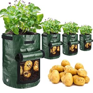 jjgoo potato grow bags, 4 pack 10 gallon with flap and handles planter pots for onion, fruits, tomato, carrot – green