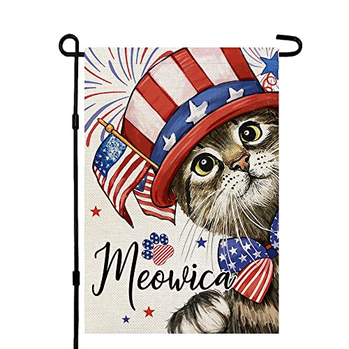 CROWNED BEAUTY 4th of July Patrioctic Cat Garden Flag 12x18 Inch Double Sided for Outside Memorial Day Welcome Blue Red Independence Day Yard Flag