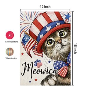 CROWNED BEAUTY 4th of July Patrioctic Cat Garden Flag 12x18 Inch Double Sided for Outside Memorial Day Welcome Blue Red Independence Day Yard Flag