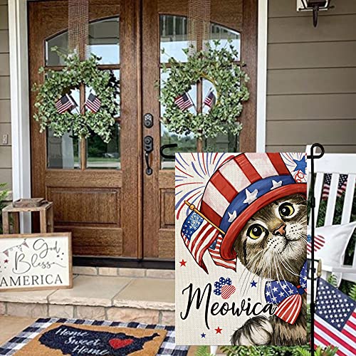 CROWNED BEAUTY 4th of July Patrioctic Cat Garden Flag 12x18 Inch Double Sided for Outside Memorial Day Welcome Blue Red Independence Day Yard Flag