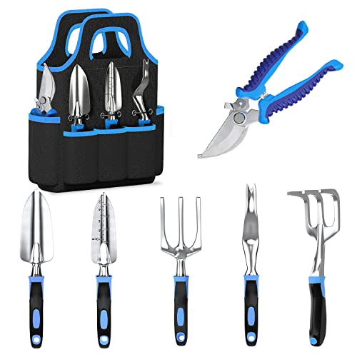 Garden Tool Set, Gardening Gifts for Women & Men，WANCHI 7 Pcs Heavy Duty Aluminum Rustproof Gardening Hand Tools，Blue Gardening Kit (Garden Tote Shovel Hand Rake Fork Weeder Pruner Transplanter)