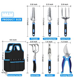 Garden Tool Set, Gardening Gifts for Women & Men，WANCHI 7 Pcs Heavy Duty Aluminum Rustproof Gardening Hand Tools，Blue Gardening Kit (Garden Tote Shovel Hand Rake Fork Weeder Pruner Transplanter)