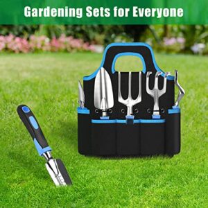 Garden Tool Set, Gardening Gifts for Women & Men，WANCHI 7 Pcs Heavy Duty Aluminum Rustproof Gardening Hand Tools，Blue Gardening Kit (Garden Tote Shovel Hand Rake Fork Weeder Pruner Transplanter)