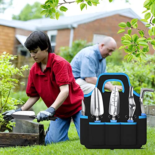 Garden Tool Set, Gardening Gifts for Women & Men，WANCHI 7 Pcs Heavy Duty Aluminum Rustproof Gardening Hand Tools，Blue Gardening Kit (Garden Tote Shovel Hand Rake Fork Weeder Pruner Transplanter)