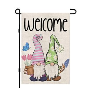 crowned beauty spring garden flag gnomes welcome 12×18 inch double sided vertical outside holiday decor for yard