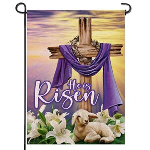 artofy he is risen lamb lily flower easter home decorative garden flag, house yard religious cross faithful sheep outside decor, spring farmhouse outdoor small burlap decoration double sided 12 x 18
