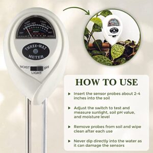 Classy Casita 3-in-1 Garden Soil Tester- Three Way Plant Soil Test Kit to Measure Soil Moisture, pH-Value, and Sunlight, Indoor and Outdoor Measuring Tool for House, Garden, Lawn,& Farm, White.