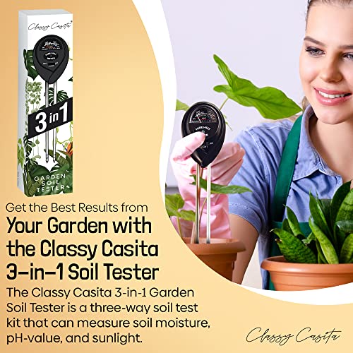 Classy Casita 3-in-1 Garden Soil Tester- Three Way Plant Soil Test Kit to Measure Soil Moisture, pH-Value, and Sunlight, Indoor and Outdoor Measuring Tool for House, Garden, Lawn,& Farm, White.