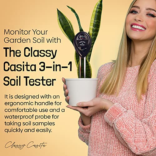 Classy Casita 3-in-1 Garden Soil Tester- Three Way Plant Soil Test Kit to Measure Soil Moisture, pH-Value, and Sunlight, Indoor and Outdoor Measuring Tool for House, Garden, Lawn,& Farm, White.