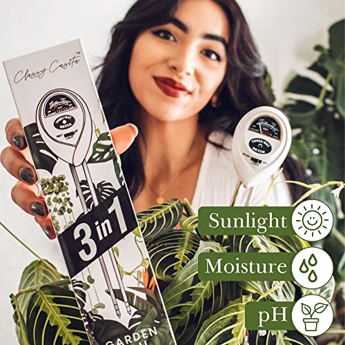 Classy Casita 3-in-1 Garden Soil Tester- Three Way Plant Soil Test Kit to Measure Soil Moisture, pH-Value, and Sunlight, Indoor and Outdoor Measuring Tool for House, Garden, Lawn,& Farm, White.