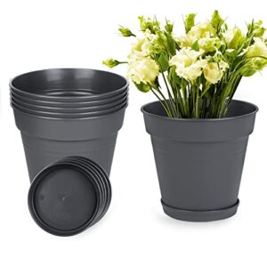 quarut plant pots set of 6 pack 6.5 inch,plastic planters with drainage holes and saucer,modern decorative flower pots used for indoor and outdoor,yard,garden,home, office etc all plants.【dark grey】