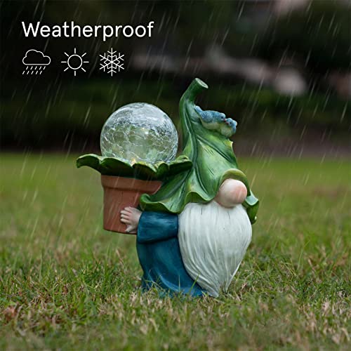 LA JOLIE MUSE Garden Gnome Statue - 10.7'' Resin Gnome Figurine Carrying Magic Orb with Solar LED Lights, Outdoor Decorations for Patio Yard Lawn Porch, Ornament