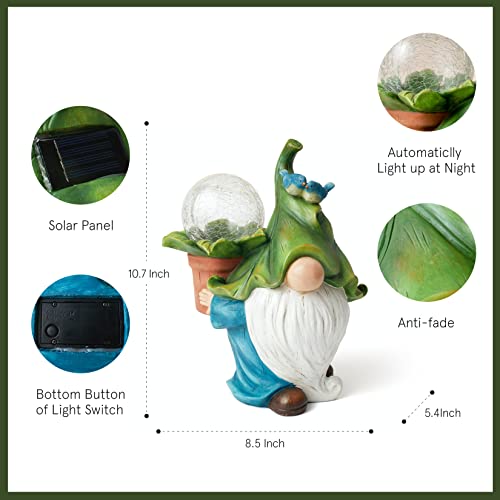 LA JOLIE MUSE Garden Gnome Statue - 10.7'' Resin Gnome Figurine Carrying Magic Orb with Solar LED Lights, Outdoor Decorations for Patio Yard Lawn Porch, Ornament