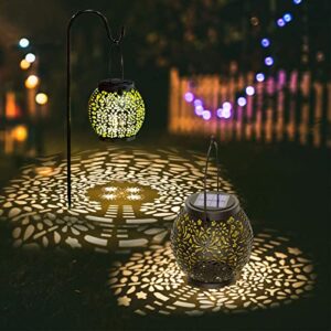 solar lantern outdoor, 2 pack solar hanging lantern lights with shepherd hooks, solar powered lantern waterproof with handle, christmas decorative led garden lights for patio courtyard table pathway