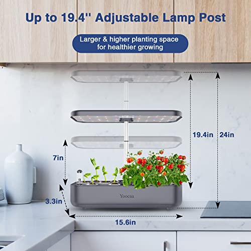 Yoocaa 12 Hydroponics Growing System, Indoor Herb Garden with LED Light, Up to 19.4'' Height Adjustable Indoor Gardening System, Gardening Gifts for Women Mom(Grey)