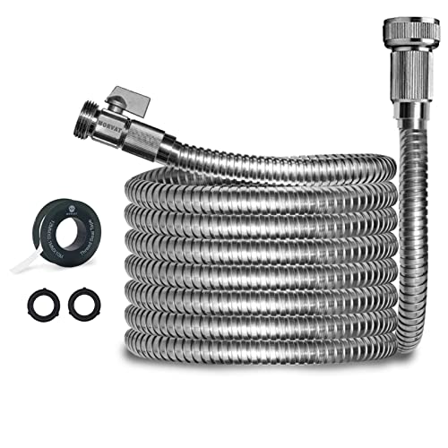 Morvat Heavy Duty 10 Foot Stainless Steel Garden Hose with All Brass Shut-Off Valve, Kink and Tangle Free, Crush and Puncture Resistant, Includes Roll of Teflon Tape and Extra Washers