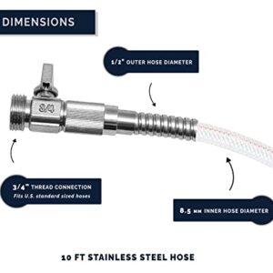 Morvat Heavy Duty 10 Foot Stainless Steel Garden Hose with All Brass Shut-Off Valve, Kink and Tangle Free, Crush and Puncture Resistant, Includes Roll of Teflon Tape and Extra Washers