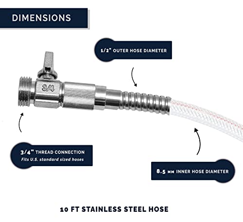 Morvat Heavy Duty 10 Foot Stainless Steel Garden Hose with All Brass Shut-Off Valve, Kink and Tangle Free, Crush and Puncture Resistant, Includes Roll of Teflon Tape and Extra Washers