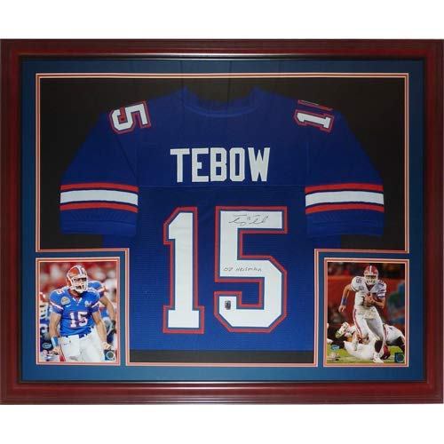 Tim Tebow Autographed Florida Gators (Blue #15) Deluxe Framed Jersey w/"07 Heisman" - Tebow Holo