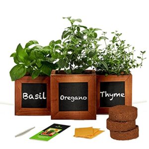 indoor herb garden kit – includes 3 wooden herb pots, internal drip trays, soil pellets, chalk, instructions booklet and basil, oregano & thyme non gmo herb seeds. diy kitchen herbs growing kit.…