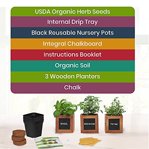 Indoor Herb Garden Kit - Includes 3 Wooden Herb Pots, Internal drip Trays, Soil Pellets, Chalk, Instructions Booklet and Basil, Oregano & Thyme Non GMO Herb Seeds. DIY Kitchen Herbs Growing Kit.…