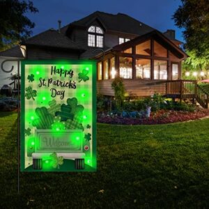 St Patrick's Day Garden Flag with Green Led Lights Good Shamrock Luck Truck Gnome 12 X 18 Inch Double Sided Garden Flag Durable Burlap Shamrock Garden Flag for Lawn Party Outdoor Decorations (Happy St. Patrick's Day)