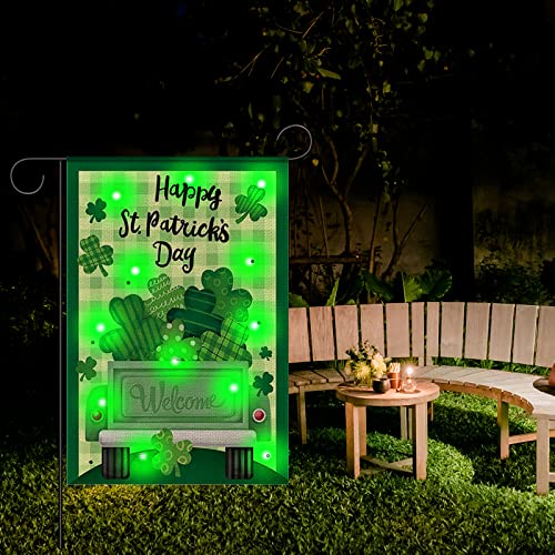 St Patrick's Day Garden Flag with Green Led Lights Good Shamrock Luck Truck Gnome 12 X 18 Inch Double Sided Garden Flag Durable Burlap Shamrock Garden Flag for Lawn Party Outdoor Decorations (Happy St. Patrick's Day)