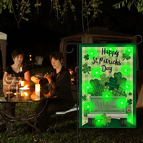 St Patrick's Day Garden Flag with Green Led Lights Good Shamrock Luck Truck Gnome 12 X 18 Inch Double Sided Garden Flag Durable Burlap Shamrock Garden Flag for Lawn Party Outdoor Decorations (Happy St. Patrick's Day)