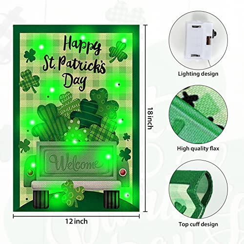 St Patrick's Day Garden Flag with Green Led Lights Good Shamrock Luck Truck Gnome 12 X 18 Inch Double Sided Garden Flag Durable Burlap Shamrock Garden Flag for Lawn Party Outdoor Decorations (Happy St. Patrick's Day)