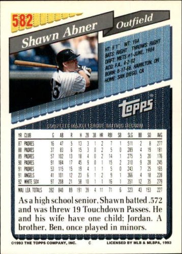 1993 Topps Gold Baseball Card #582 Shawn Abner